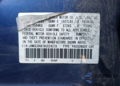 2010 Honda Fit Sport из США, поврежденный, VIN JHMGE8H47AC024218